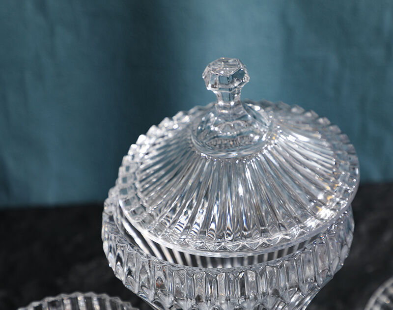 High quality new footed glass candy jar with line design