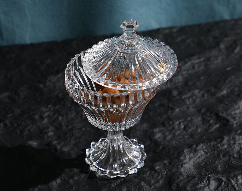 7 inch Custom Clear Glass Candy Jar with Glass lid Footed Glass Dessert Bowl 