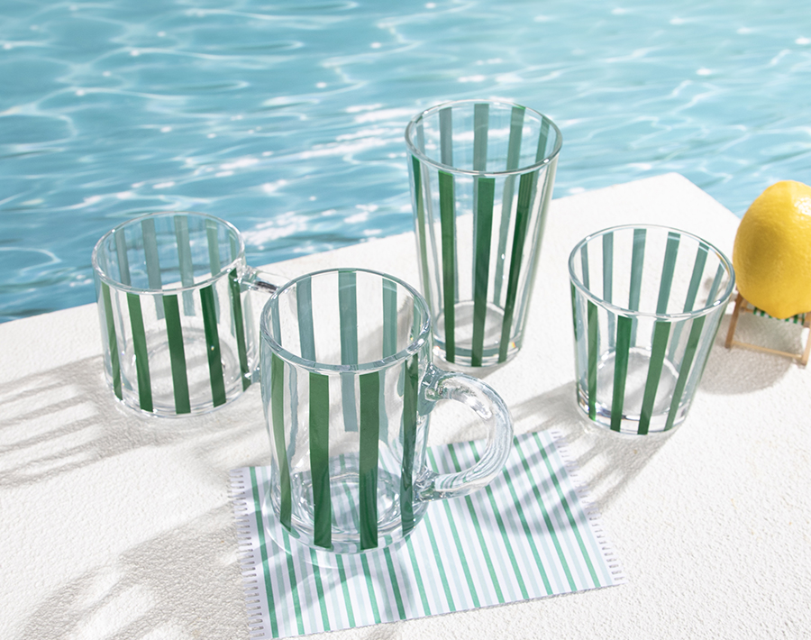 12.3 Oz Beer Glass Mug Green Stripe Design Glass Cup With Handle Custom Decorative Glassware Water Glass Mug 
