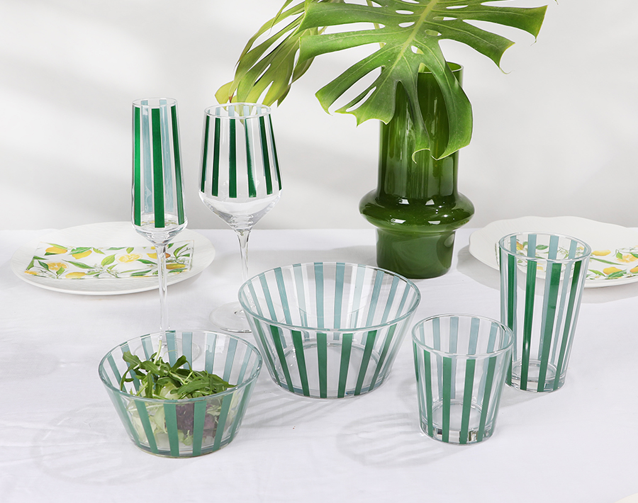 Wholesale 515ML glass salad bowl with vertical stripe decal