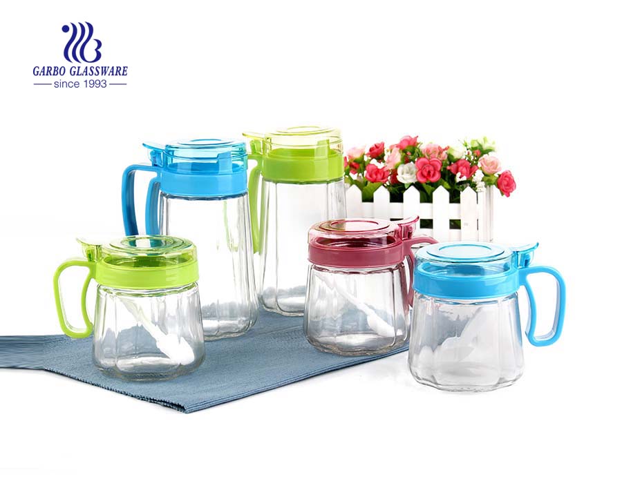 Ensemble de 4 pots à épices d'assaisonnement pour condiments en verre transparent avec couvercle et poignée en plastique