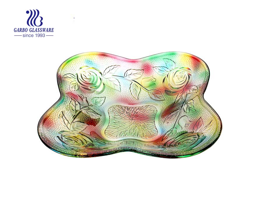Colorful Glass fruit plate with rose engraved design
