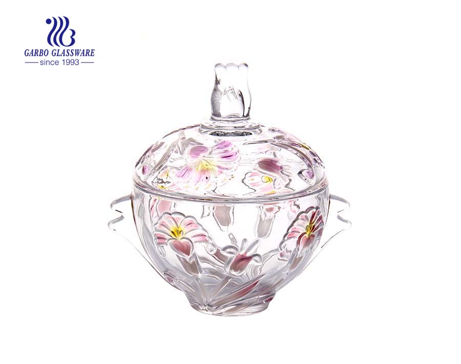 Colorful Flower Engraved Glass Candy Pot