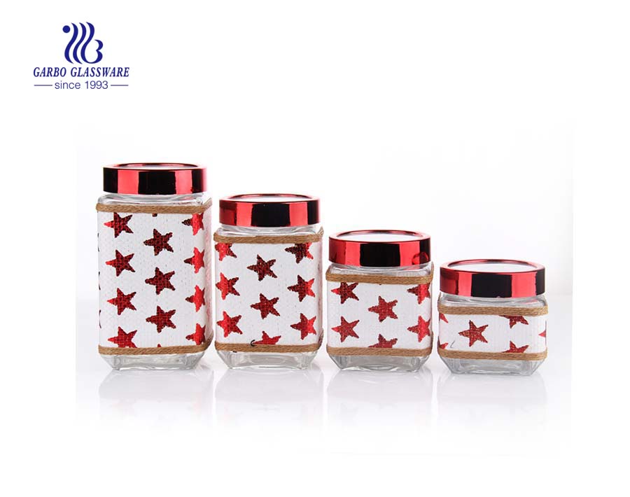 pretty glass storage jars with red decorative leather coating