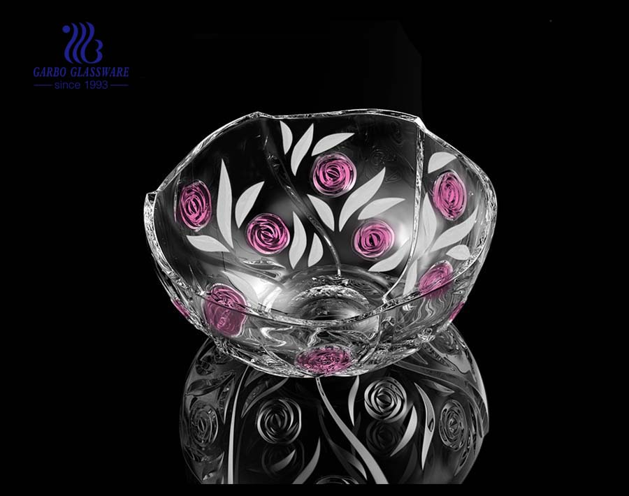 8.5'' Glass Rose bowl with partial spray color