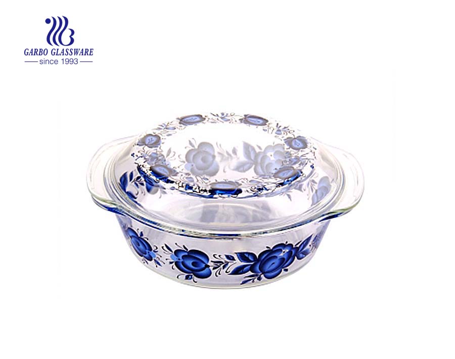 China manafacture 2L baking glass pot with lid and flower decal