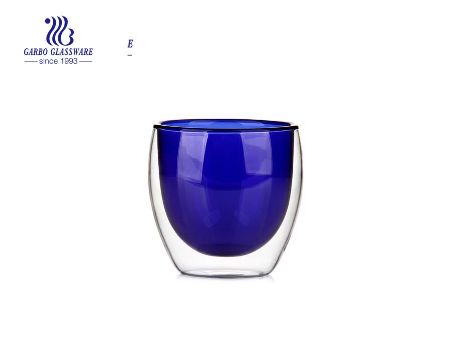 9oz Blue solid color double wall glass cup for drinking