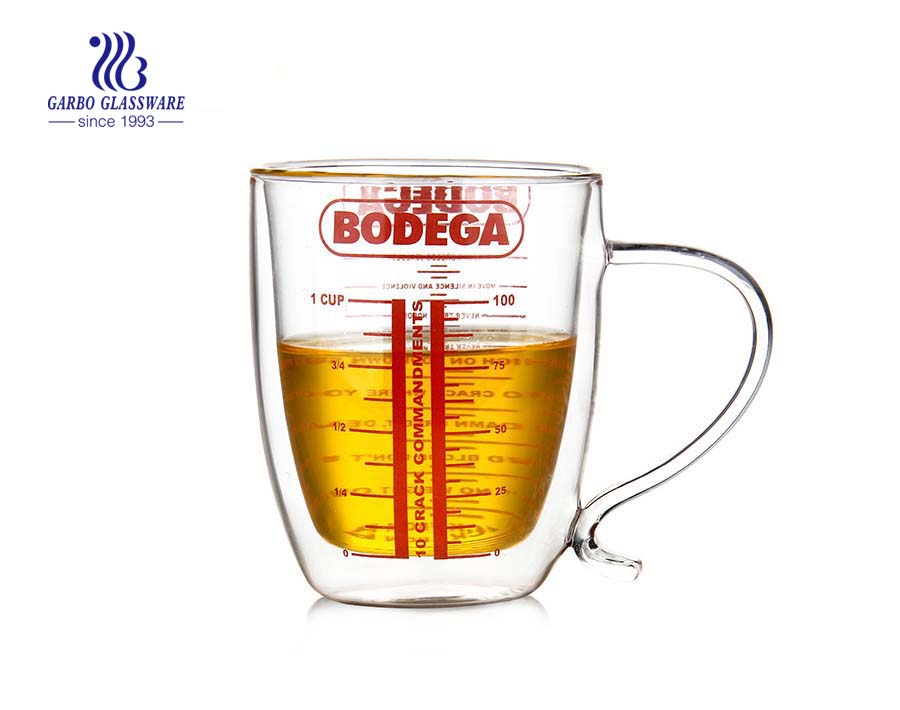 Big capacity heat resistant double wall glass cup with measuring line