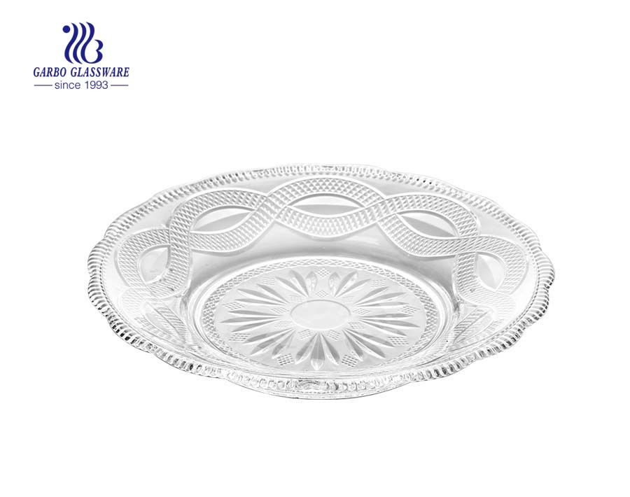 12 inch popular engraved modern design round glass plates