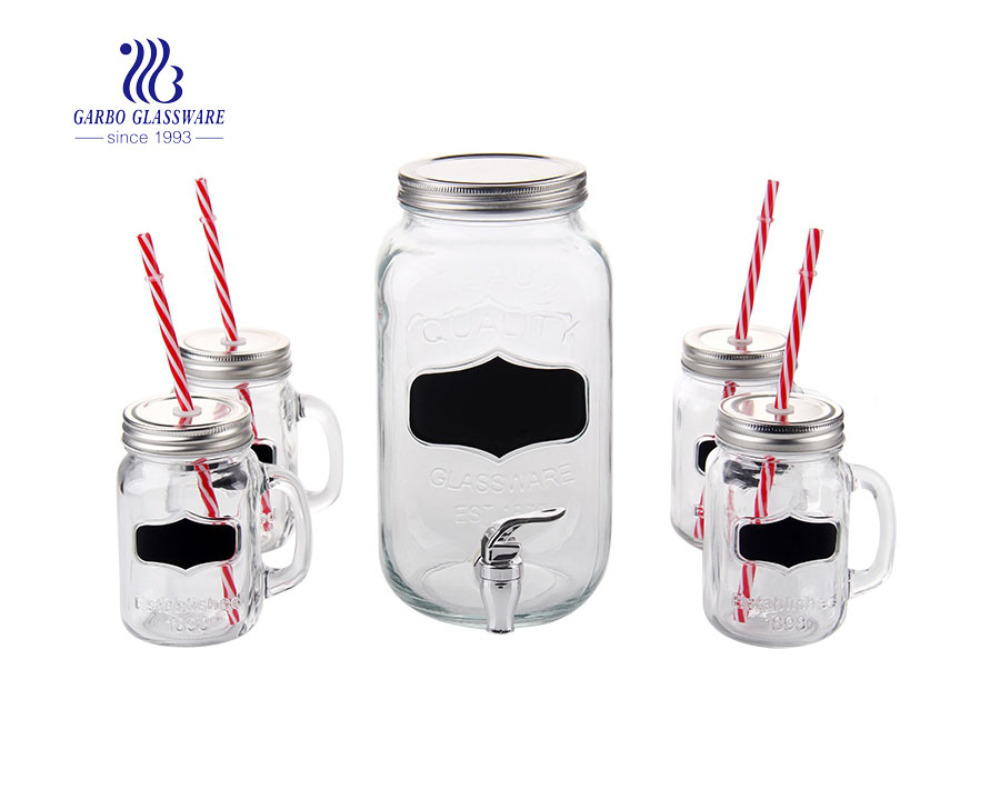 3.5L glass dispenser jar with 4 mason jar set with straw