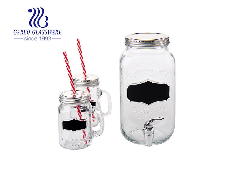 Outdoor Glass Beverage Dispenser with Chalkboard with 2 mason jar set Drink Dispenser for Lemonade, Tea, Cold Water