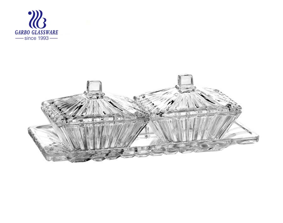 MyGift 3-Piece Clear Glass Crystal Design 8 oz Sugar Bowls Set & Tray/Decorative Candy Dishes 