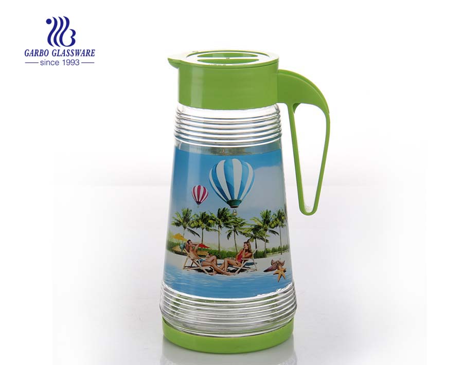 Customized colors printing 1.4L glass pitcher with handgrip