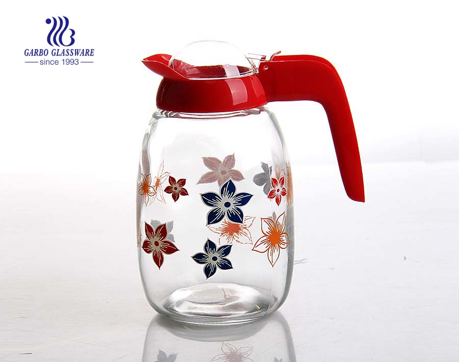 Glaswarenfabrik günstigen Preis Großhandel Glas Teekanne mit kundenspezifischen Farbdruck
