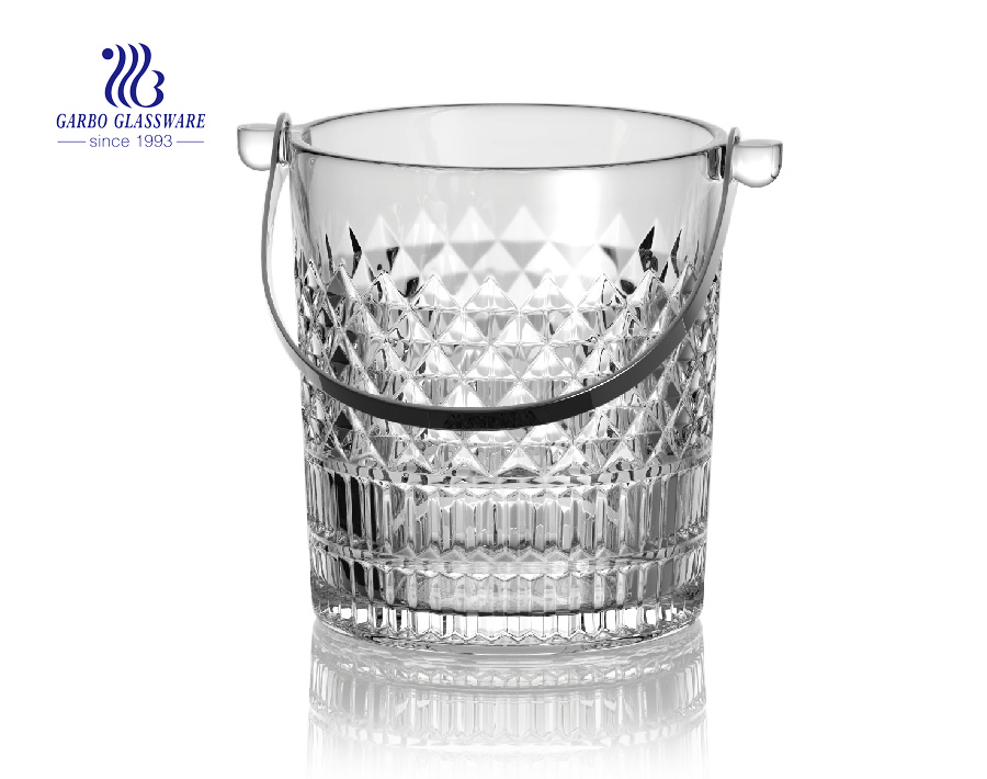 1L Glass Ice Bucket with Stainless Steel Handle for Commercial Use