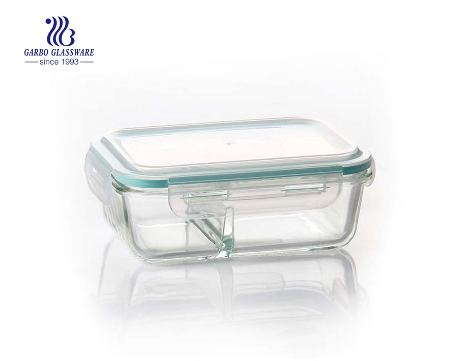 7.2inch 2 divisor caja de almuerzo de vidrio de pyrex con tapa hermética de plástico y silicona