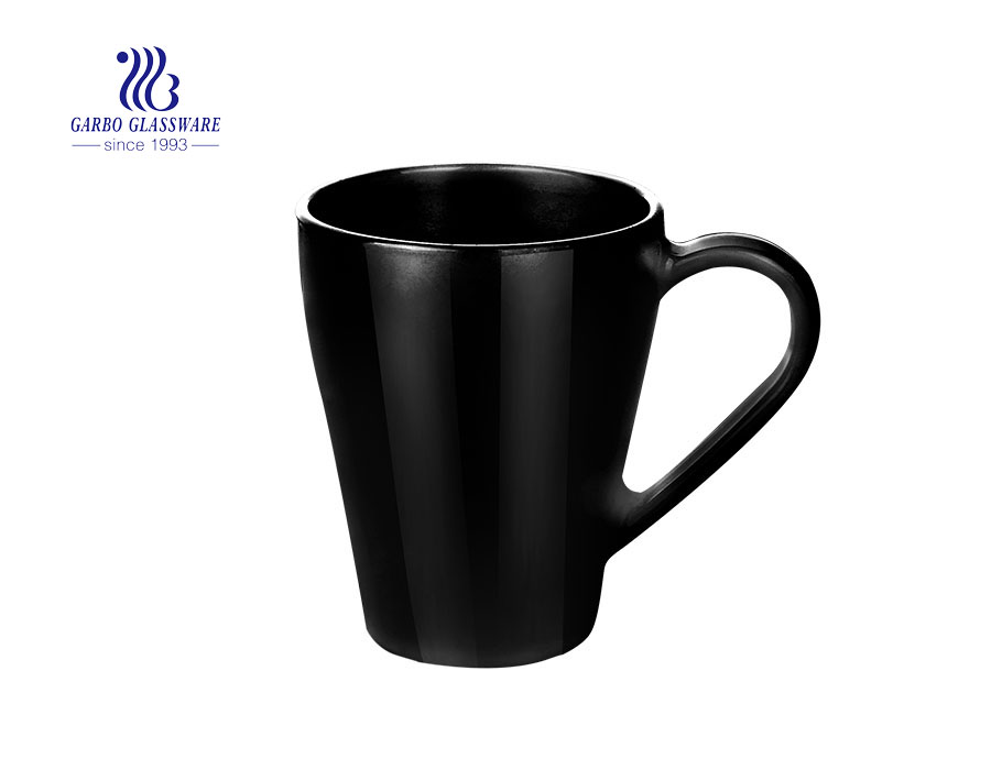 Taza de cristal del ópalo del negro de la taza de té del café de la empuñadura 380ml para el hogar usado