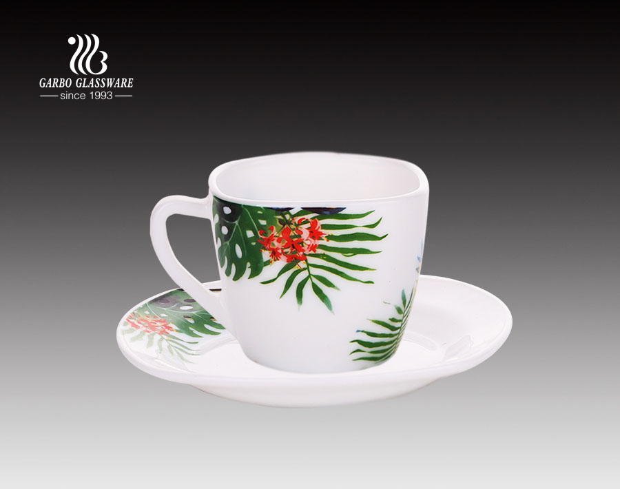 8oz tea drinking hot sale opal glass mug and saucer set