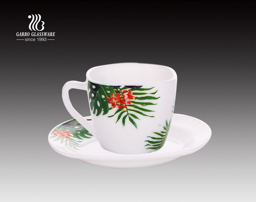 Ensemble de tasse et de soucoupe en verre opale de vente chaude de thé 8 oz