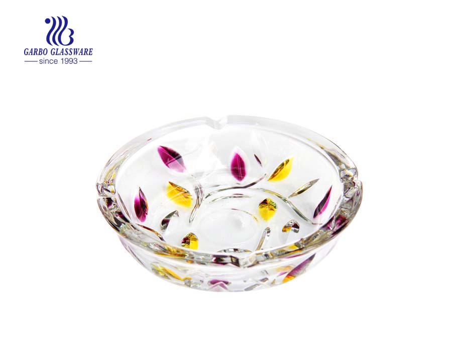 Round glass ashtray printing with leaves pattern for decoration