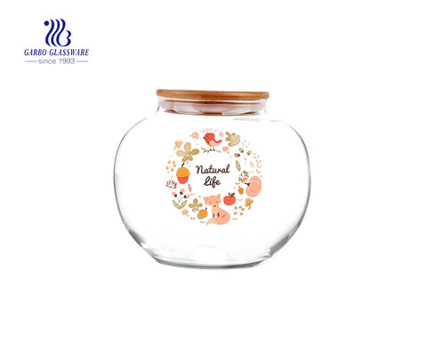 1300ml clear Canister set glass food storage with decals and airtight bamboo lid Made in China 