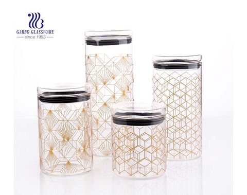 Bộ 4 Khay đựng bằng thủy tinh kín gió có thể xếp chồng lên nhau có đề can, Thủy tinh Borosilicate không chứa chì, có nắp bằng thép không gỉ, để đựng trà, các loại hạt, gia vị và hạt cà phê