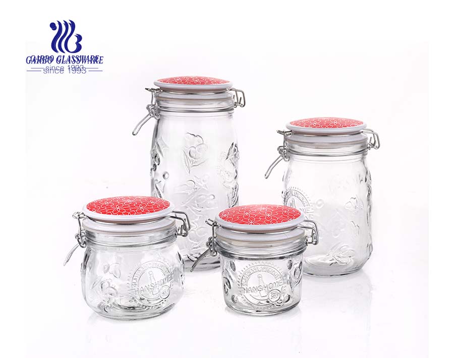 Ensemble de 4 contenants de cuisine hermétiques en verre transparent et pots de mise en conserve avec couvercles de serrage de joint hermétique de déclencheur de caution (couvercle rouge)