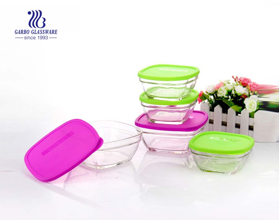 2PCS 310 650ml high quality glass food storage container with different color PP lid keep food fresh