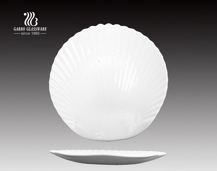 10inch Fancy design seashell platos de vidrio blanco opalino