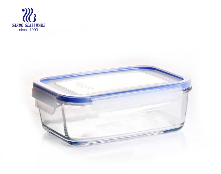 Recipiente de almacenamiento de vidrio de borosilicato rectángulo pyrex de 8 pulgadas con tapa de sellado azul