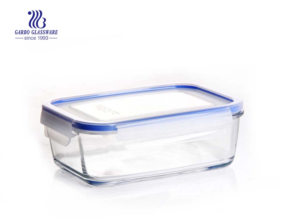 Récipient de rangement en verre borosilicaté rectangulaire en pyrex de 8 pouces avec couvercle bleu