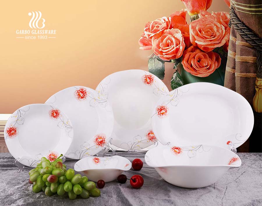 21 Piece Watered Shape Multicolor Decorated Opal Tempered Glass Dinnerware Bowls and Plates Set