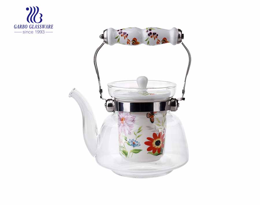 Logo tùy chỉnh Ấm trà thủy tinh pyrex gốm sứ 1L có tay cầm