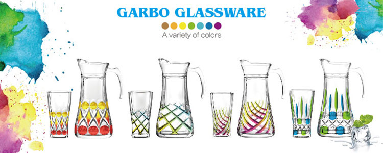Set di 7 brocche in vetro per acqua placcate viola con manico e bicchieri