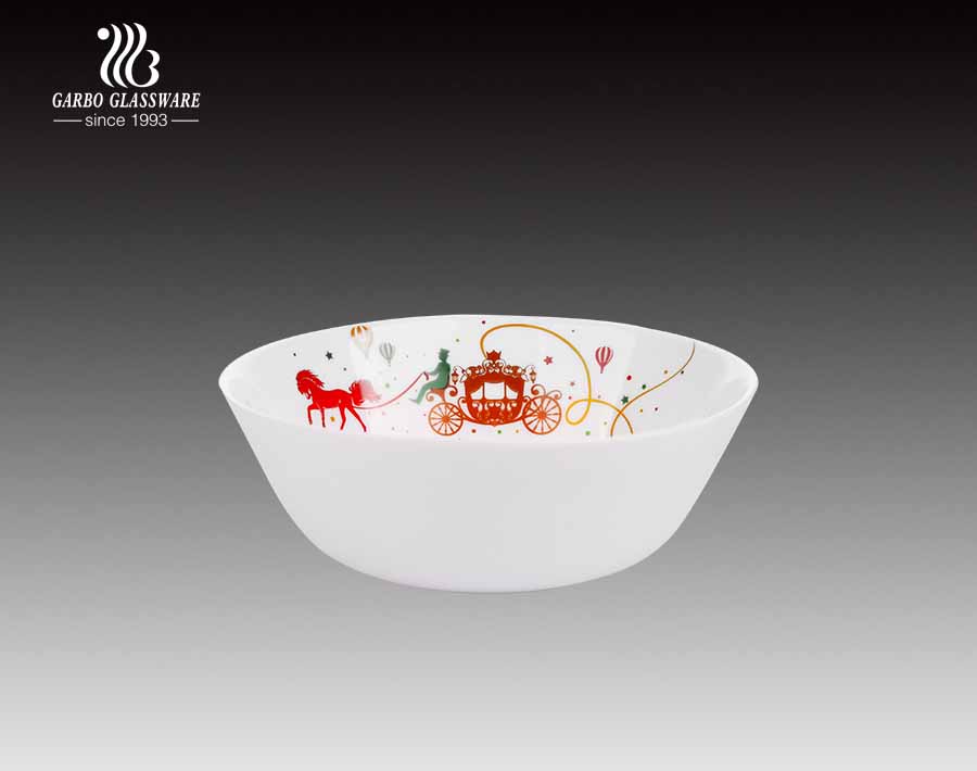 Disposable 6 Inch Cereal Bowl Milky Glass Bowl With Decal