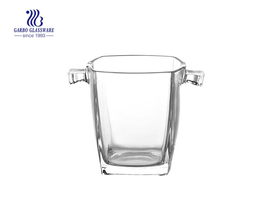 Square straight glass ice bucket with stainless steel handle