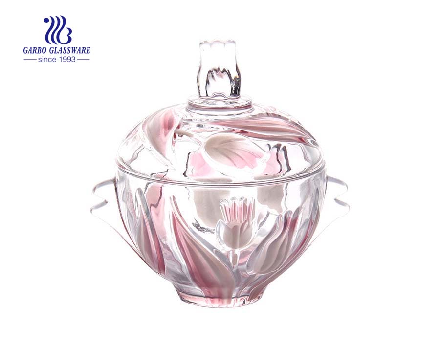 Tarro de caramelo de vidrio de diseño de flores de color rosa transparente transparente de 7 pulgadas