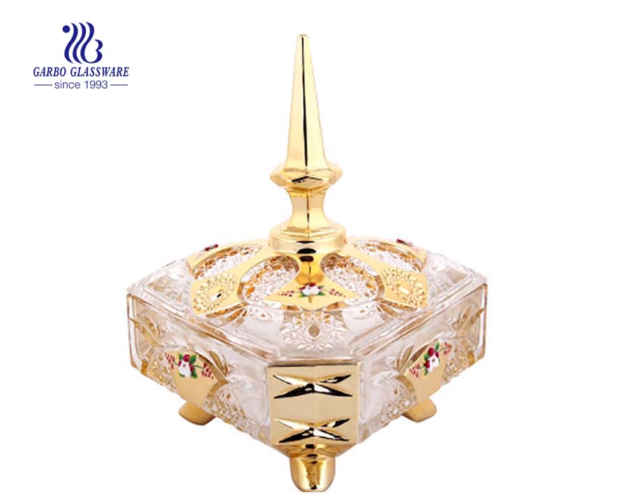 Hot Sale Diamand Form Golden Plating Candy Pot Glaswaren