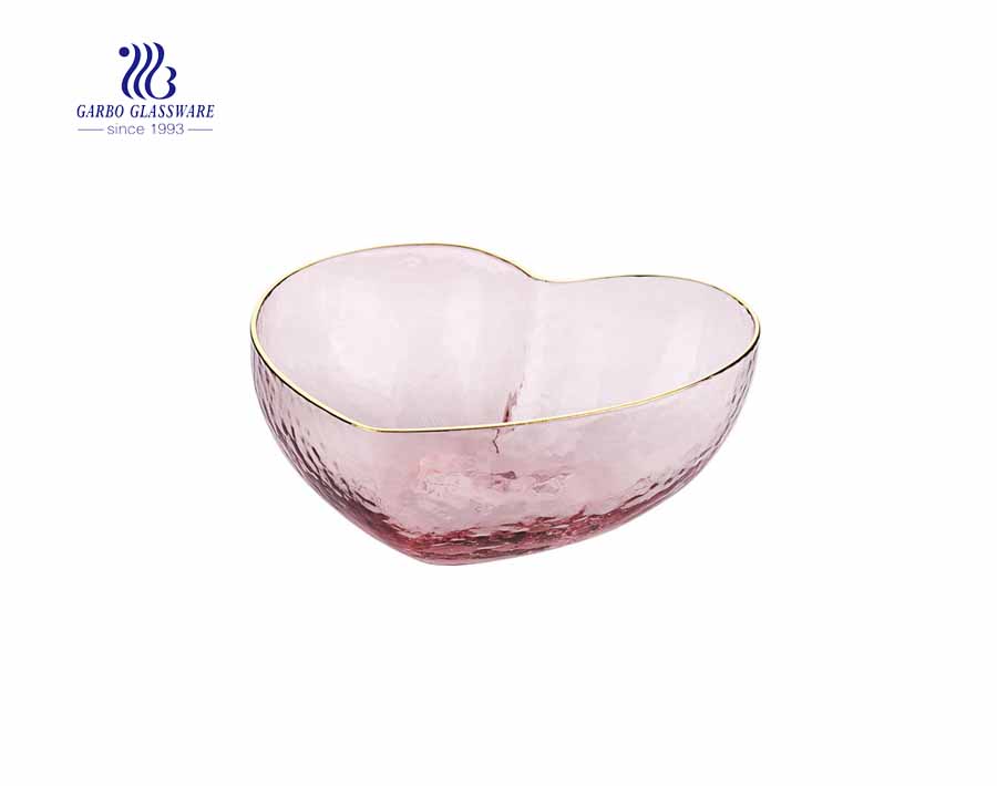 Bol de fruits en verre fantaisie fait main rose en forme de chaleur