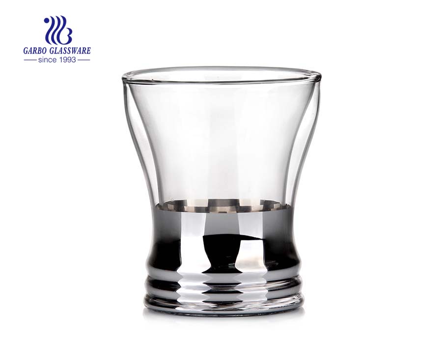 New arrival electroplated decoratived double wall glass cup 8oz