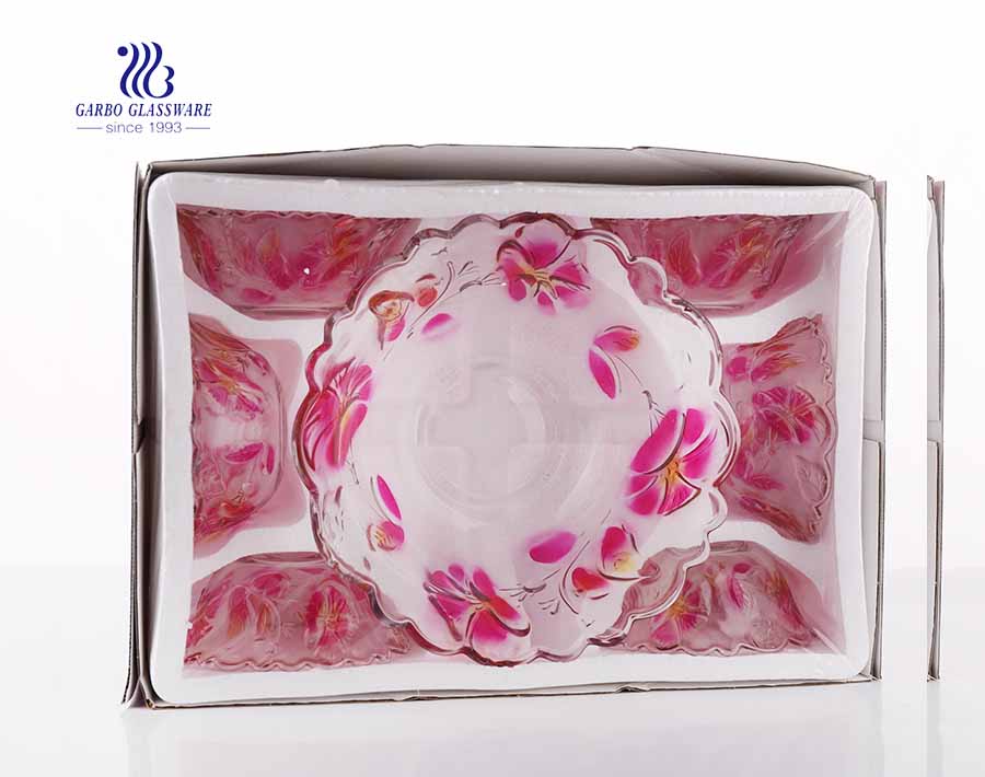 7PCS Glass Bowl Set with Colored Flower Design