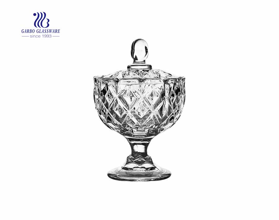 3.8inch diamond design engraved glass candy pot with standing