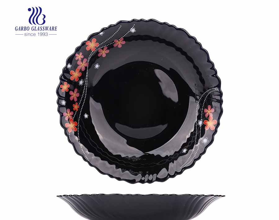 China Cheap Flower Design Customized Black Opal Glass Plate