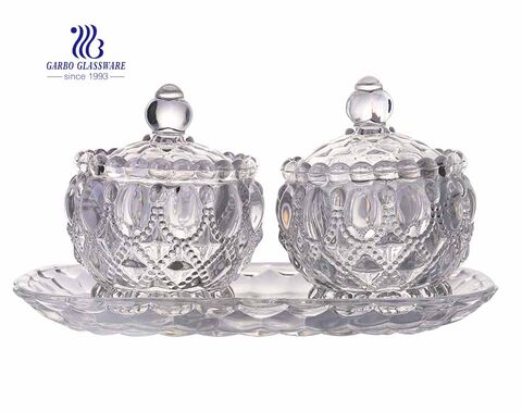 Atacado Clear 3 Pcs Define Sugar Bowl Frascos de doces de vidro com placa