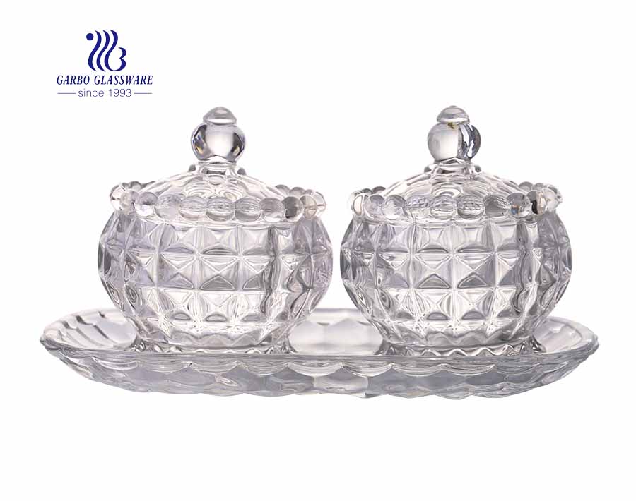 Vente en gros 2PCS Glass Candy Jar Pot en verre de sucre avec plaque 1PC