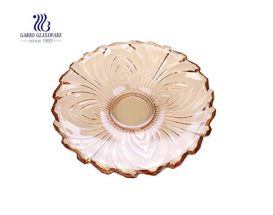 14.5'' Flower Shape Ion Plating Amber Glass Plate for Fruit Serving