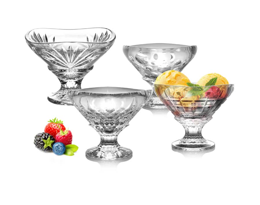 Square Shape Embossed Glass Ice Cream Cups For Dessert All Purpose Serving Bowls