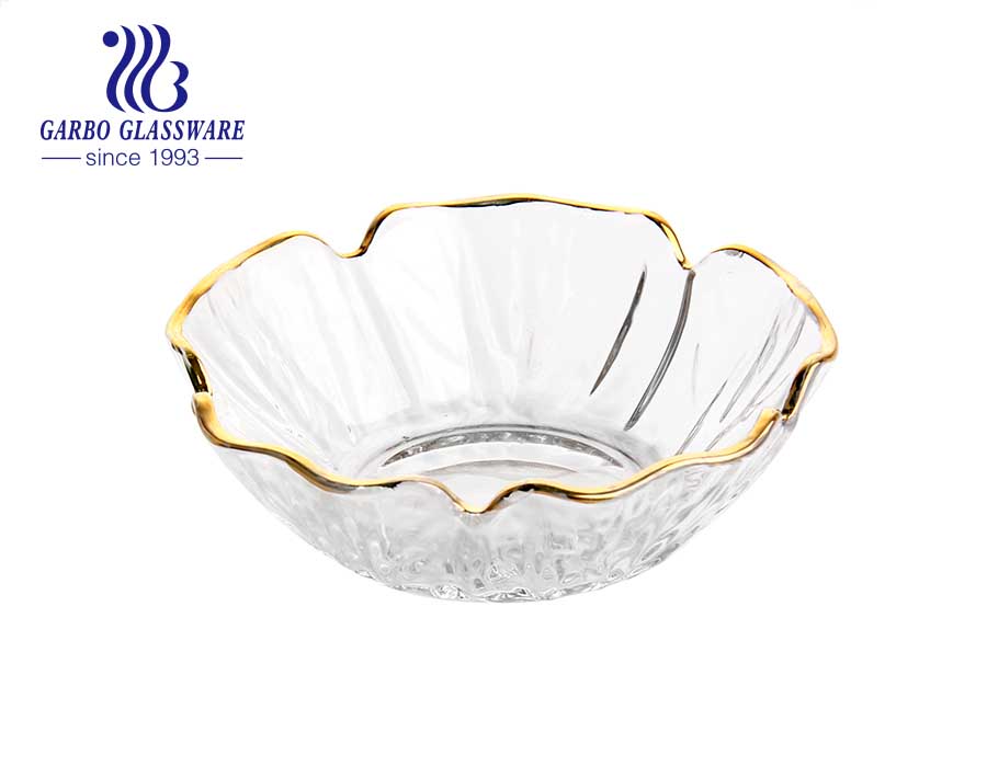 5-inch small-size delicate flower-design clear glass bowl with gold rim