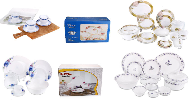 Ensemble de vaisselle en verre opale blanc 58pcs avec assiettes et cruches bols