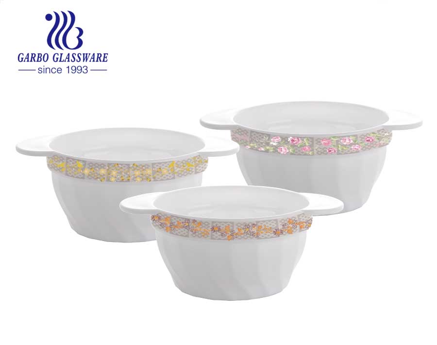 Tigelas de sopa de vidro de opala temperada 450ml com decalque duplo de orelha e flor